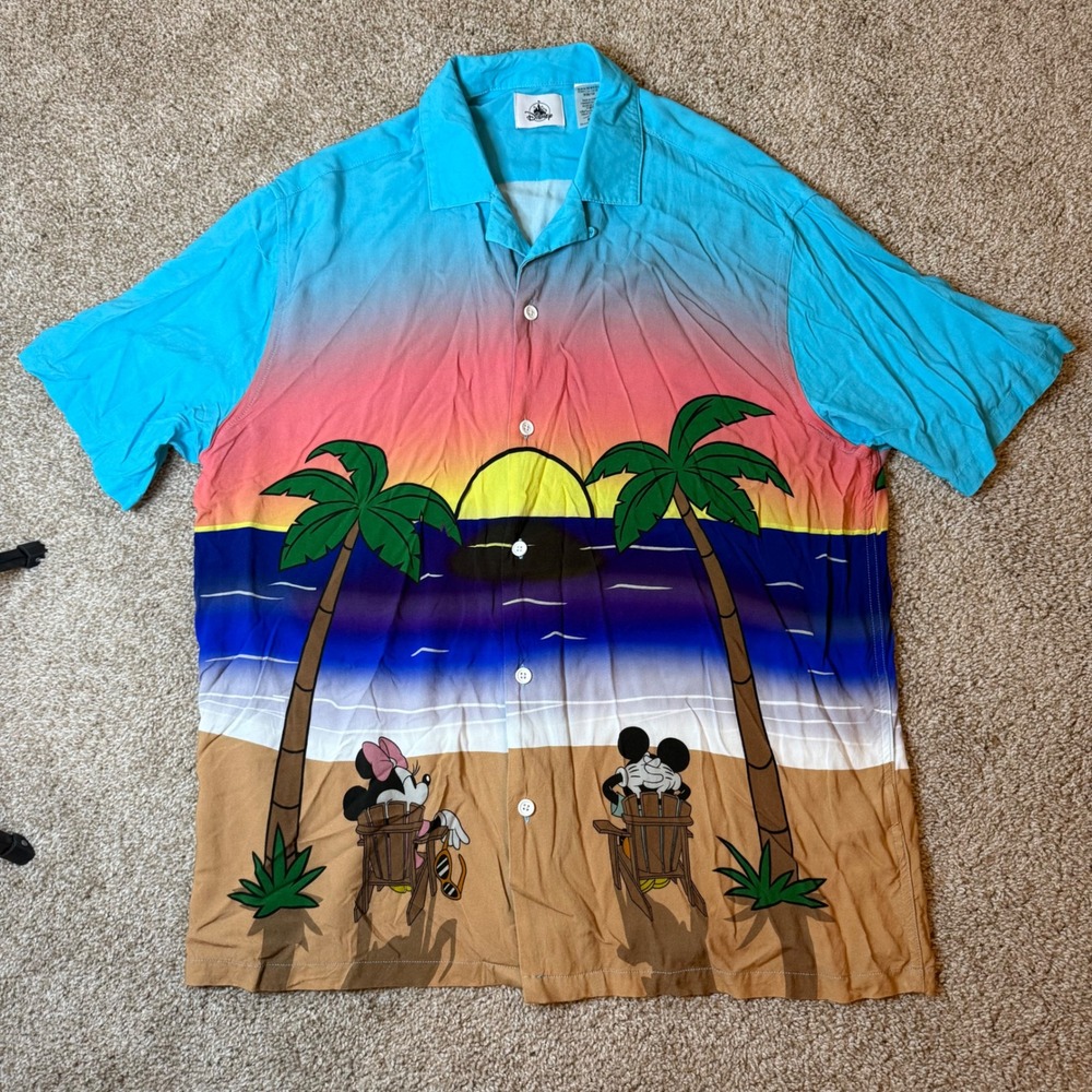 Disney Button Front Shirt Men XL Blue Mickey Minnie Beach Sunset Palm Trees